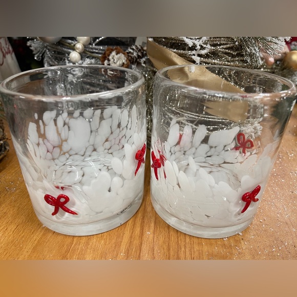 Red Bow Ribbons Lampwork Embedded Drinking Glasses Set of 2 Holiday Coquette NWT - Picture 3 of 3